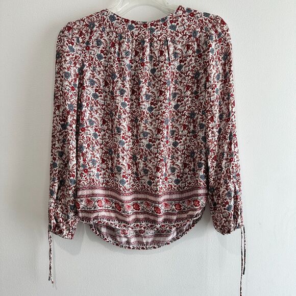 Lucky Brand Floral Peasant Top Print Red Blue Long Sleeve Elastic Hem Boho Sz M - Picture 2 of 8